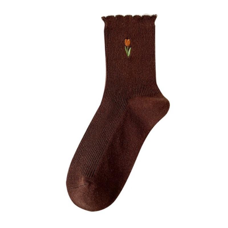 3 par Dame Høst Sokker Blomsterbroderi Japansk Kawaii Søte Sokker Koreansk Stil Ensfarvet Harajuku Vintage Crew Socks