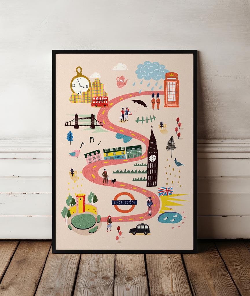 Plakat mapa mapy Londyn ilustracja w czarnej ramie