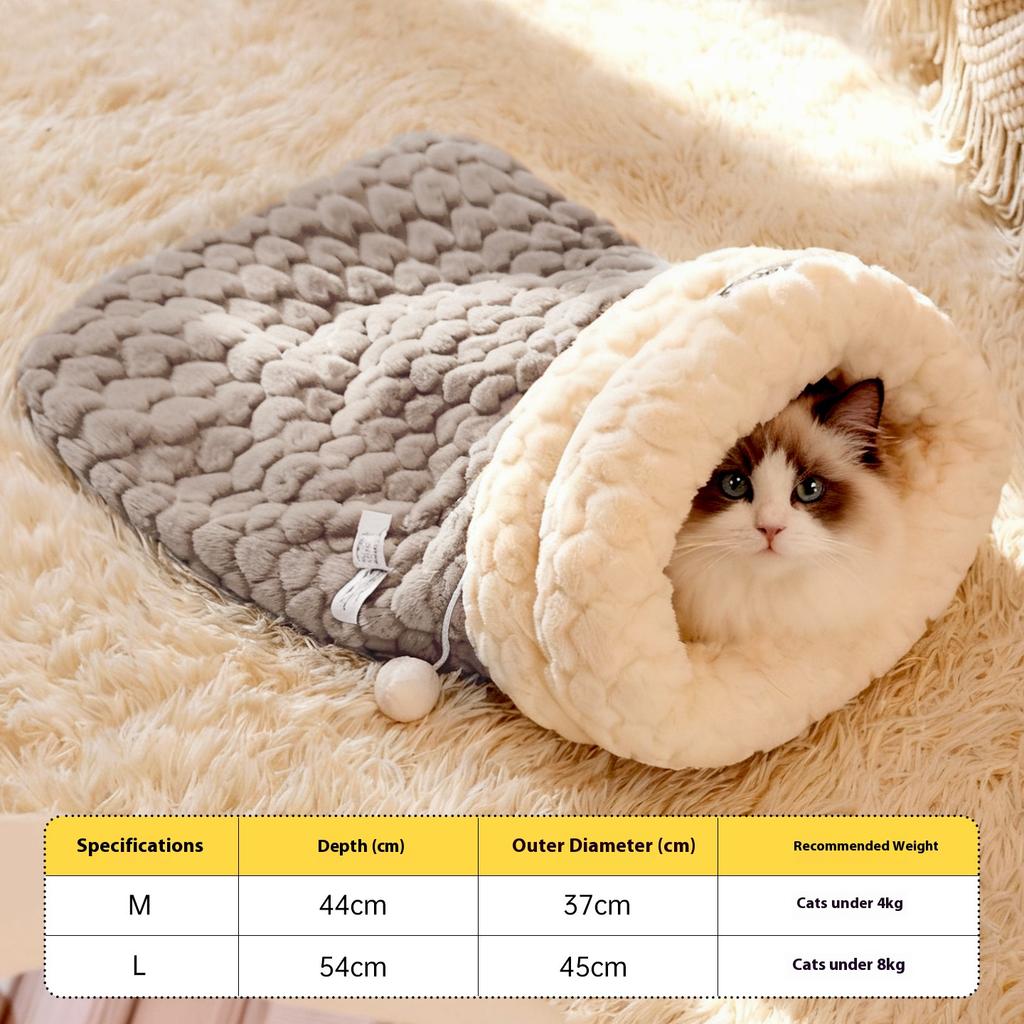 Enclosed Cat Bed with Tunnel Entrance - Self Warming Plush Rabbit Fur Sleeping Bag for Winter, Secure Hideout for Pets