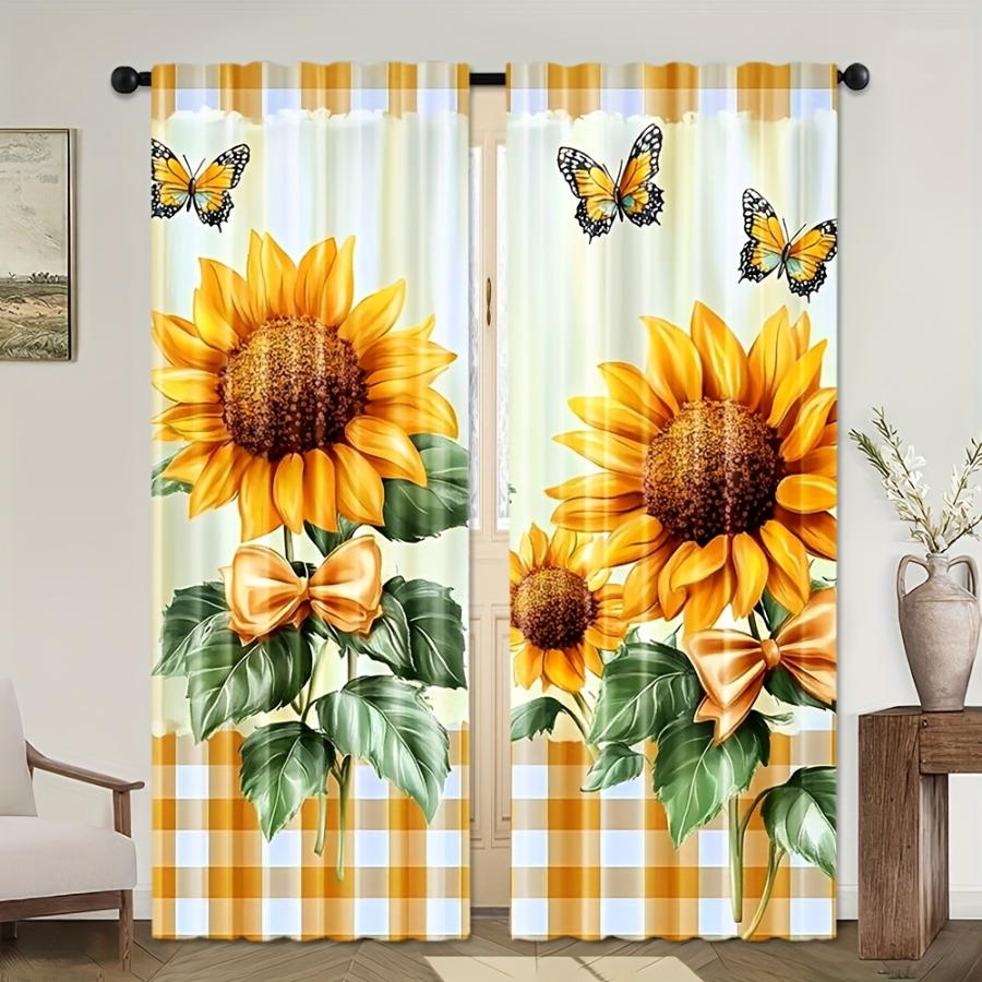2pcs Sunflower Curtains Plaid Butterfly Window Drapes Yellow Floral Rustic Farmhouse Decor Living Room Bedroom