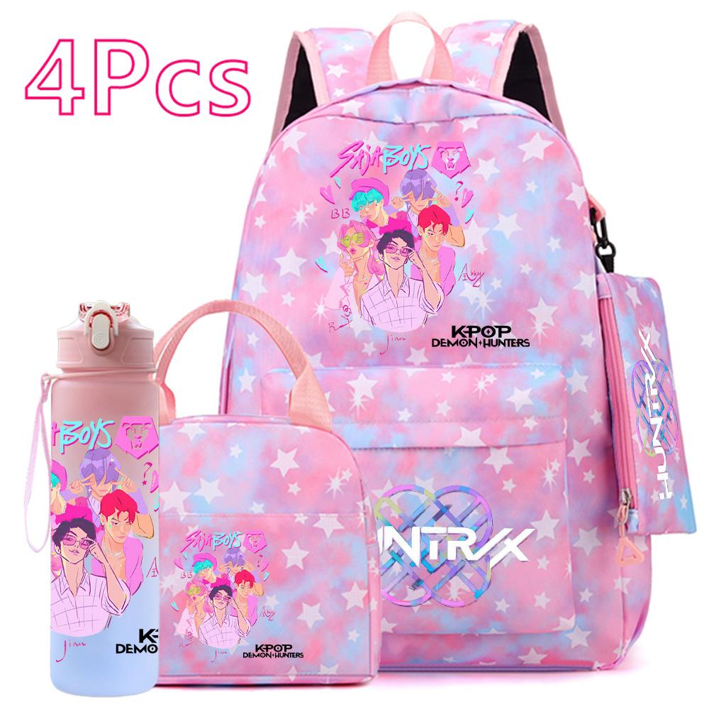 4Pcs/set Anime Cute K-POP Printed Backpack Large Capacity Bookbag HandBag Case Bag with 750ml Water Bottler Boy Girl SchoolBag Waterproof Mochila