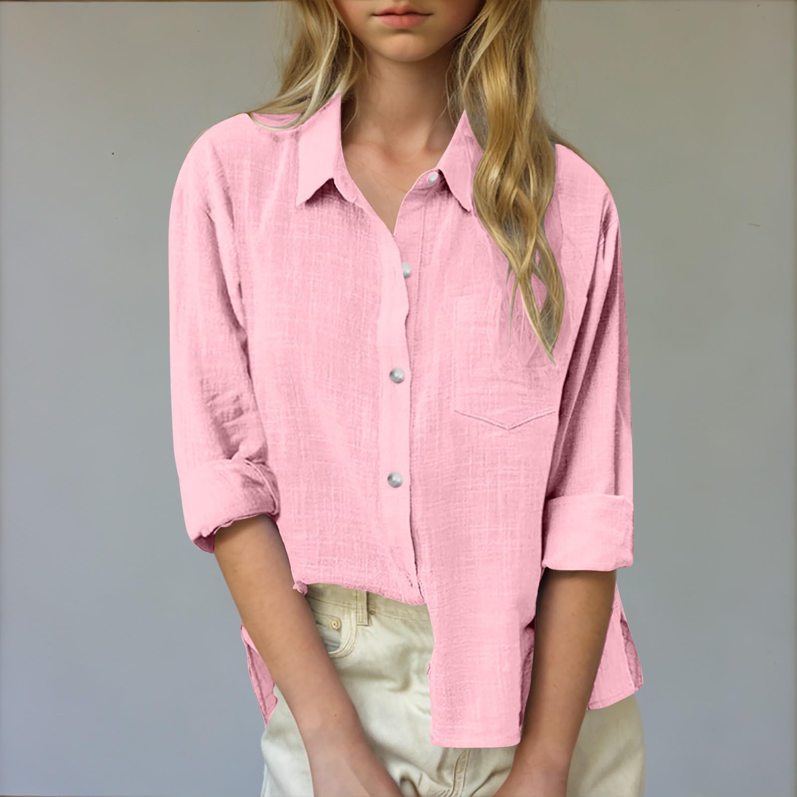 

Girls Textured Blouse Split Hem Turn Down Collar Button Long Sleeve Shirt Breathable Linen Top 130 рожевий