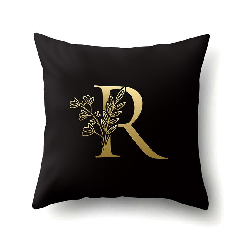 Polyester Pillowcase Car Decoration Black Gold Flower Pillowcase 26 English Letters Home Cushion Cover