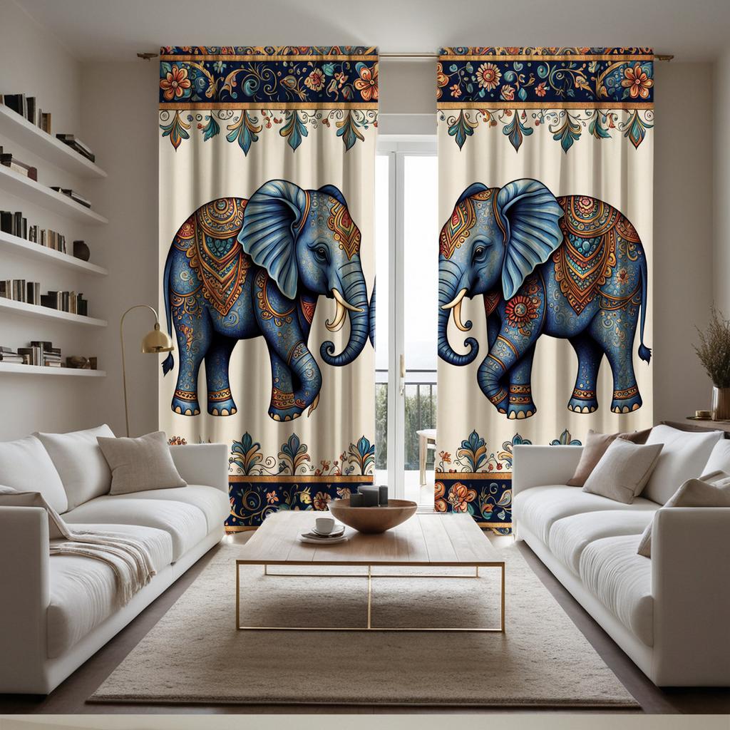 Majestic Elephant Curtains Blue Floral Paisley Print Polyester Living Room Bedroom Decor Light Blocking Set Of 2 Made With Rod Pocket