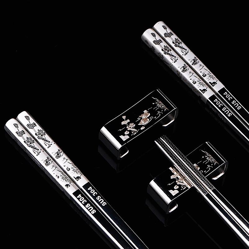 304 Stainless Steel Chopsticks & Rests Gift Set with Laser Black and White Logo