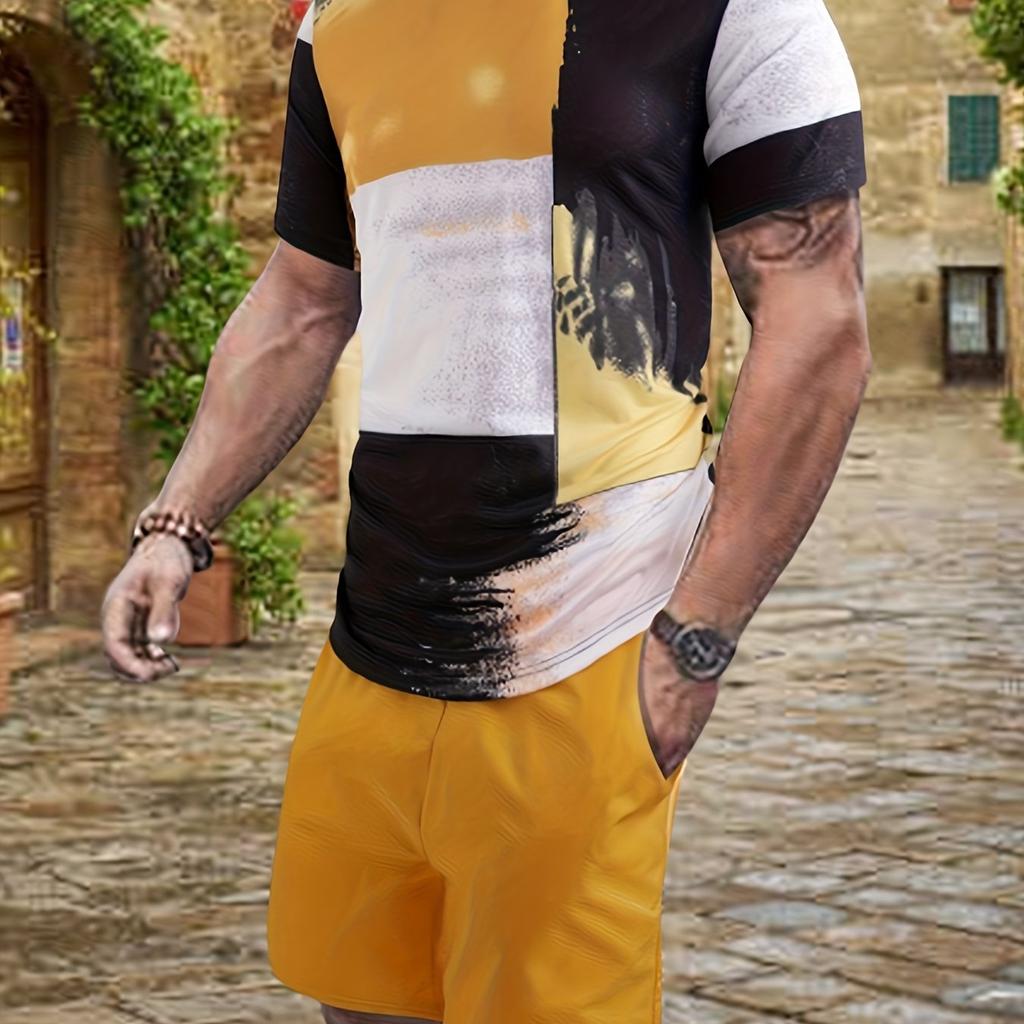 Plus Size Men's Contrast Color Summer Set, Short-sleeve T Shirt Shorts Set For Business, Fashion Casual Men Clothing