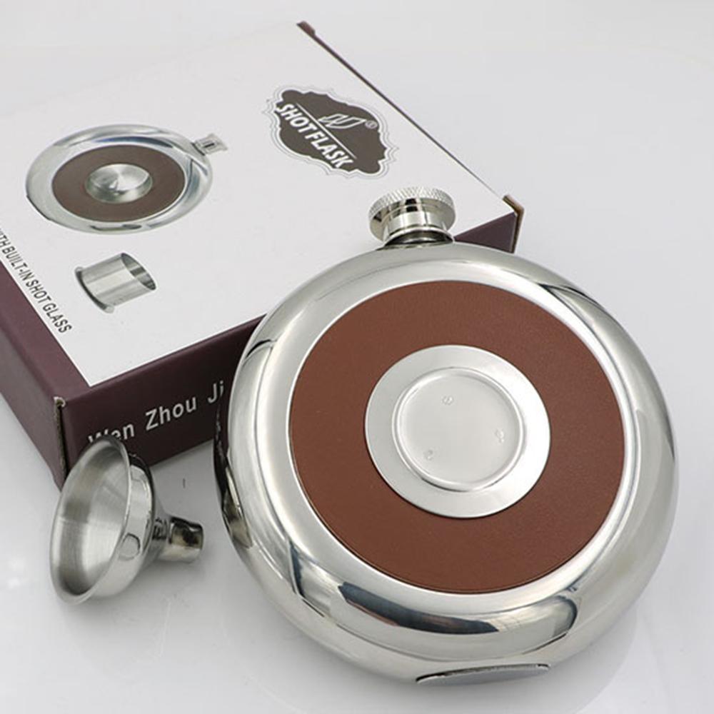 304 stainless steel hip flask, wineglass funnel set, Mirror face cake shaped small wine pot, Portable flagon wine set, 5oz