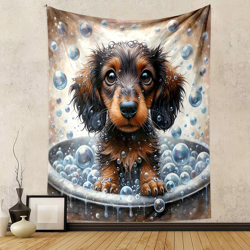 Cute Dachshund Puppy in Bubble Bath Patterned Tapestry Decorative Wall Hanging, Home Bedroom Living Room Decor