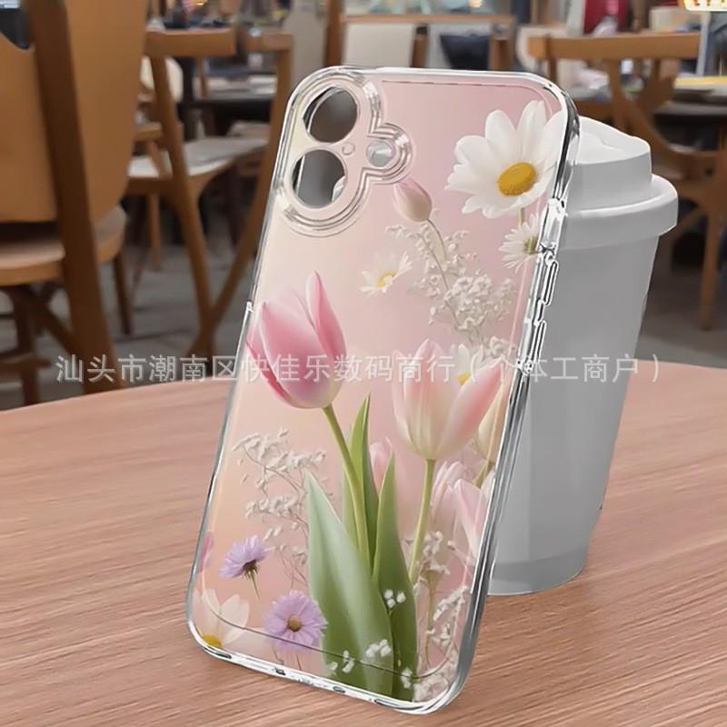 Pink Tulip Transparent iPhone15/14Promax Mobile Phone Case 11/12/13 All-inclusive Anti-drop 16/17PM