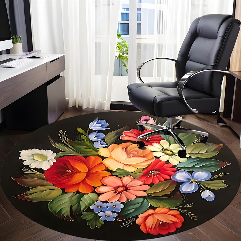 1pc Colorful Flowers Chair Carpet for Office, Round Non-Slip Durable Large Size Office Carpet, Suitable for Office, Beautiful Decoration
