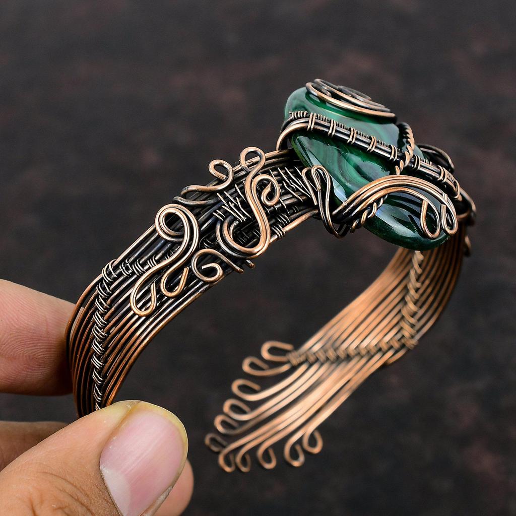 Malachite Cuff Bracelet Copper Wire Wrapped Bangle Adjustable Bangle Handmade Jewelry Gemstone Bracelet Antique Copper Jewelry Wedding Gift