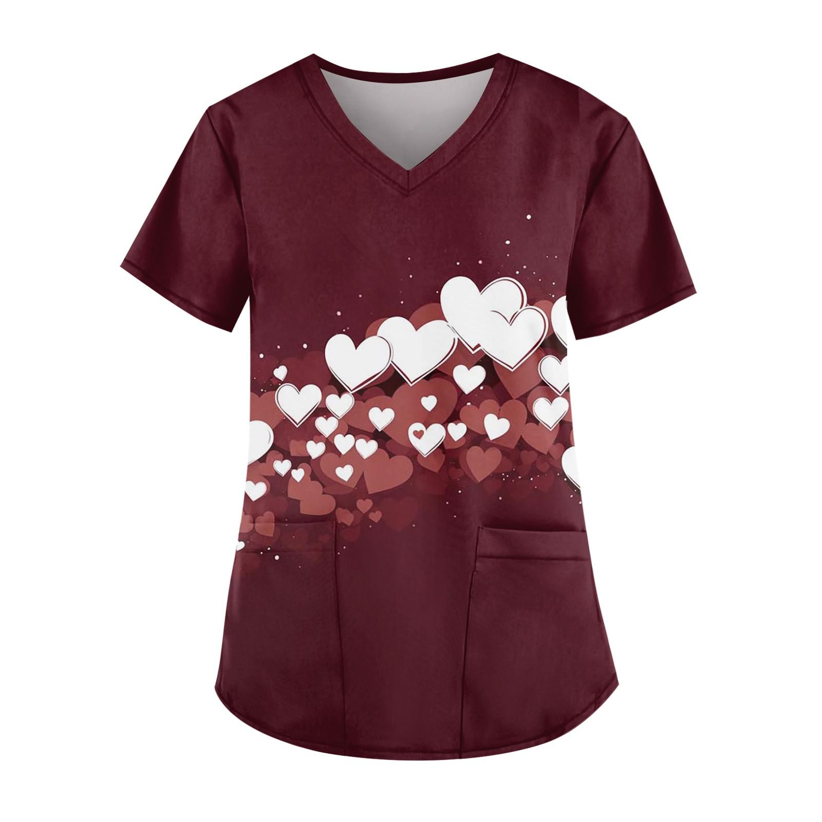 

Женская симпатичная рабочая одежда с принтом, V-образным вырезом, двухслойными карманами, базовым коротким рукавом, пуловером на Рождество XXXXXL винный