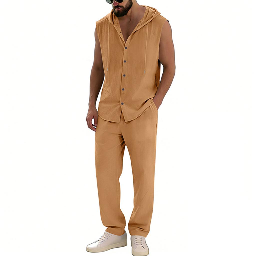 Completo casual da uomo con gilet senza maniche con cappuccio e pantaloni