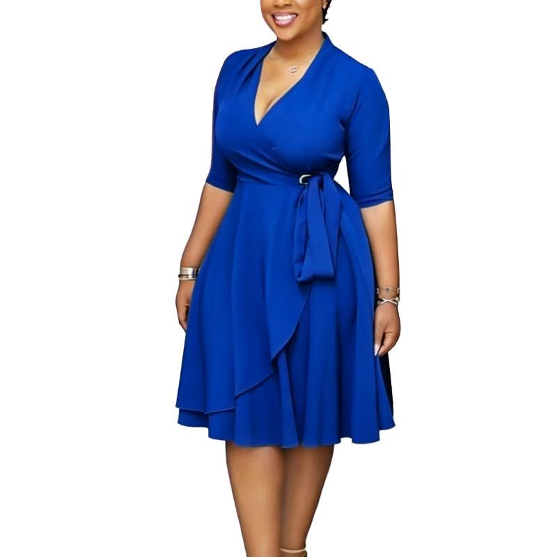 Plus Size Solid Color Tie Waist V Neck Half Sleeve Mid Length Dress