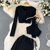 Three-Piece Suit Women's Autumn Halter Neck Small Suspenders Long-Sleeved Cardigan Shirt High Waist Slit Long Skirt