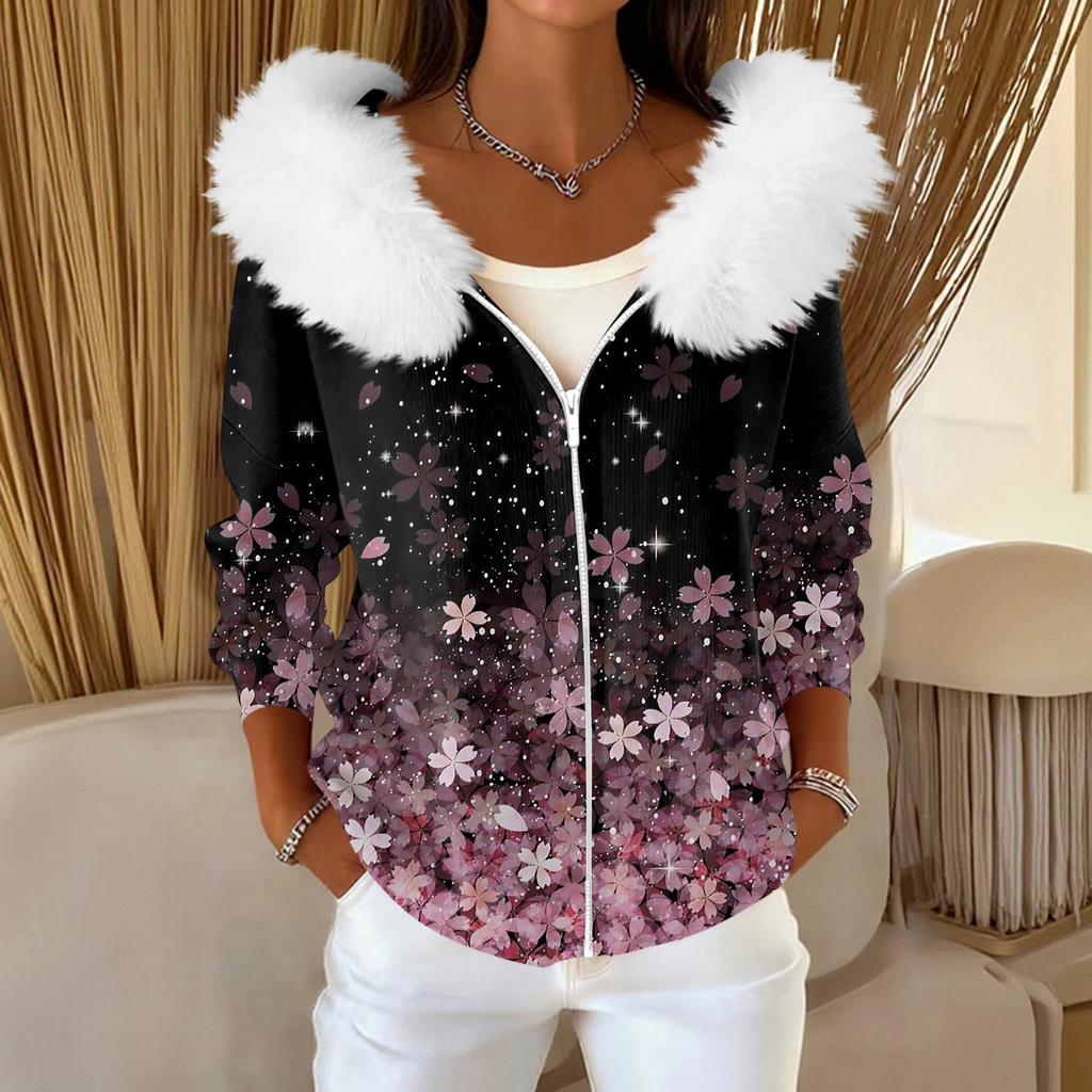 Pulover Casual de Damă la Modă cu Fermoar, Cardigan cu Imprimeu, Jachetă cu Glugă Plușată