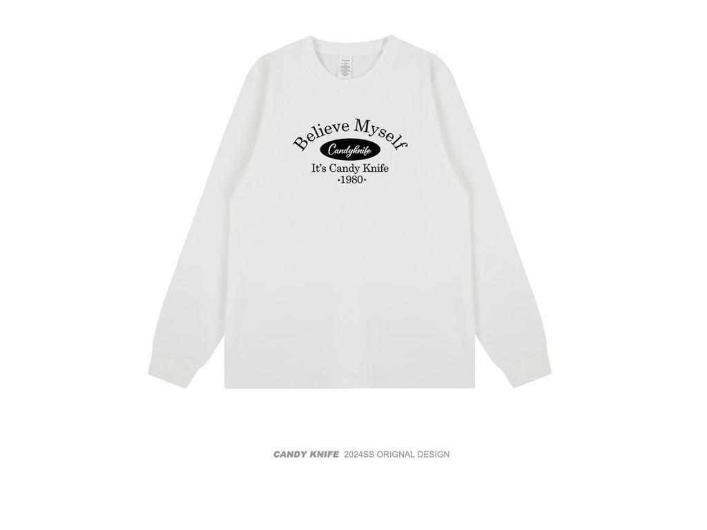 Trendy Unisex Hong Kong Style Logo Print Long Sleeve Cotton T-Shirt with Ribbed Cuffs