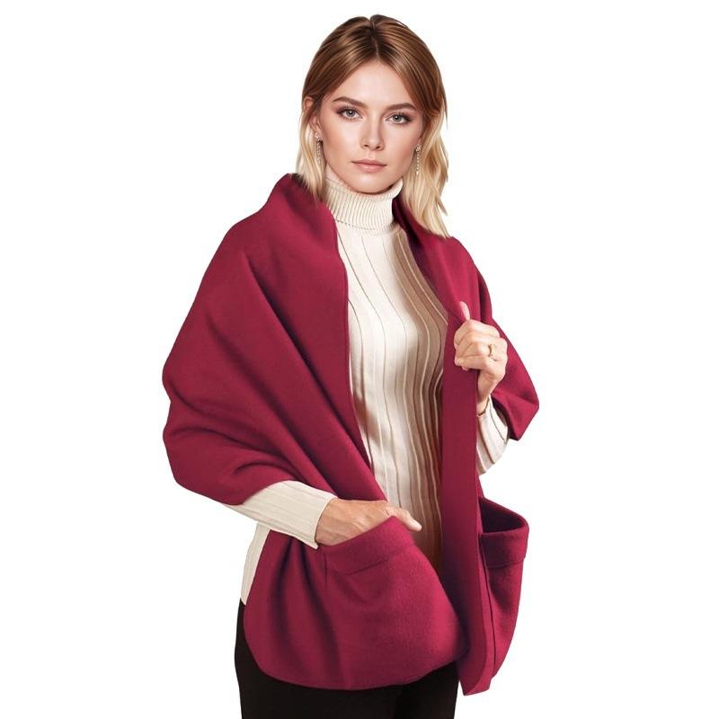 Thick and Simple Pocket Scarf for Autumn and Winter, Larger Shawl with Warm Solid Color Scarf Shawl