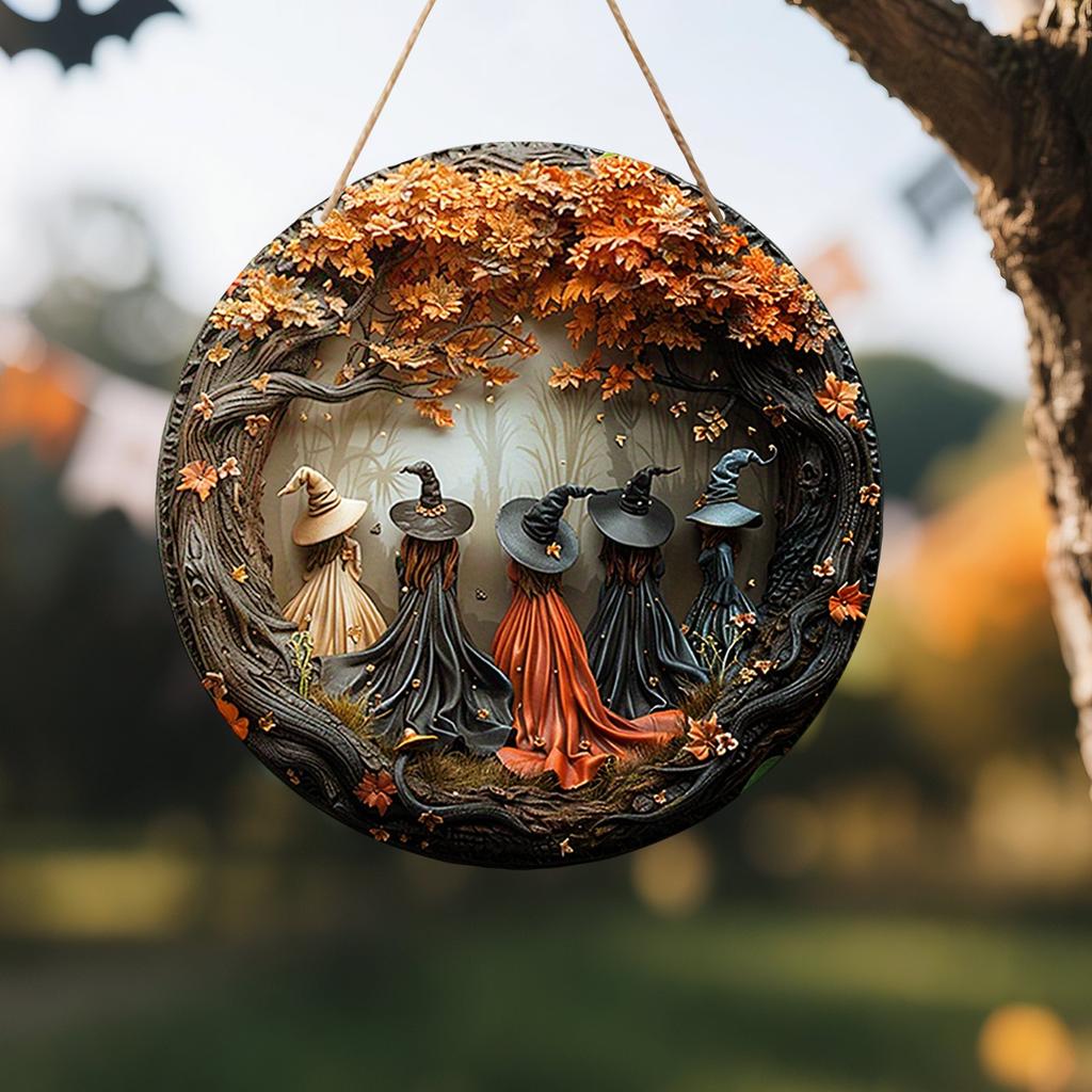 Halloween Wooden Witch Hanger Decoration, 5 Witches Exquisite Round Hanging Pendant For Porch, Wall