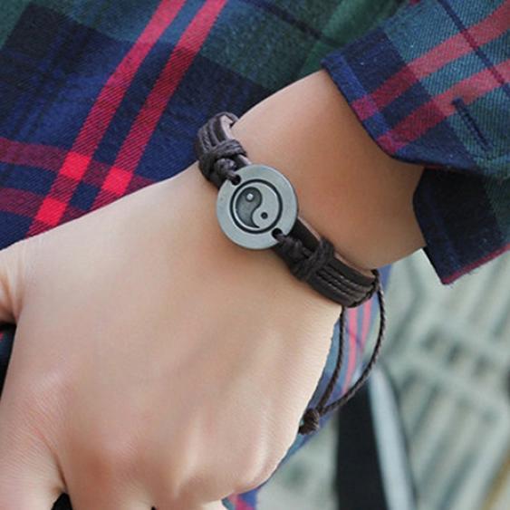 Men Women Alloy Tai Ying Yang Pattern Faux Leather Braid String Bracelet Chain