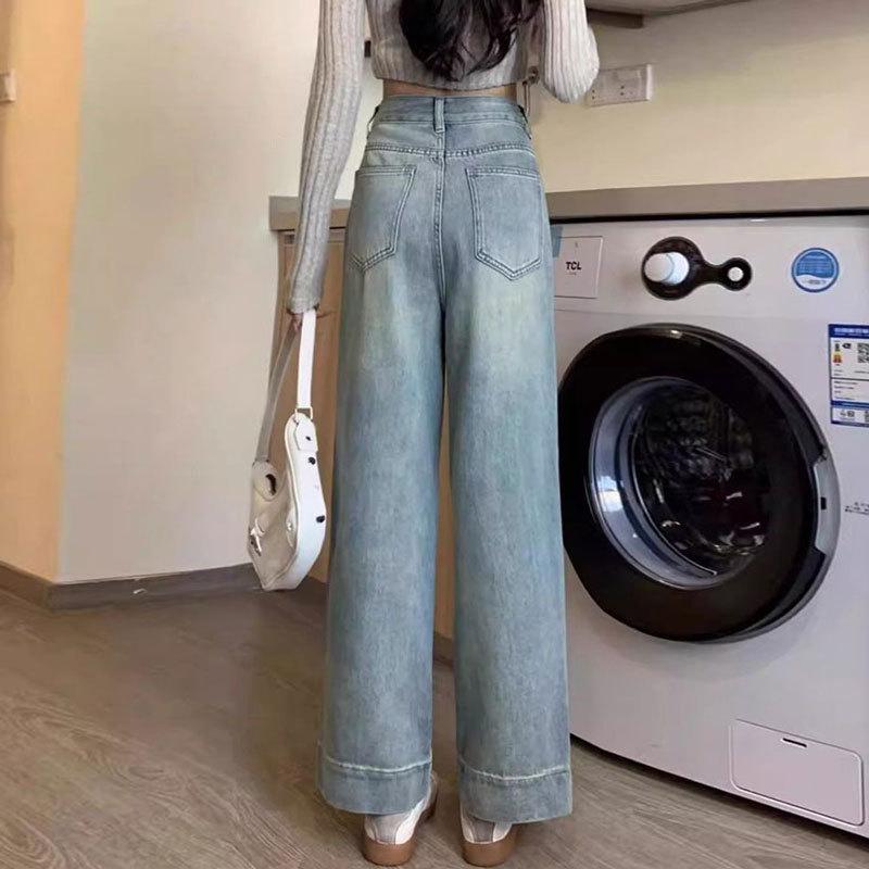 Large Size Wide Leg Jeans for Women Cropped Pants Loose High Waist Pocket Design Straight Leg Pants