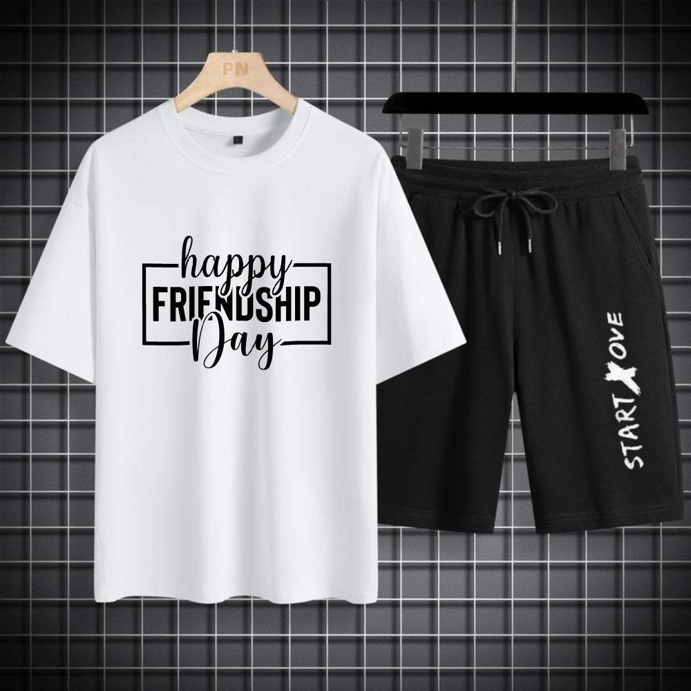 

Men s sets Summer Quick drying Happy Friendship printed Graphic T-shirts Suit 2 piece set outfits two piece Short sleeve tee S