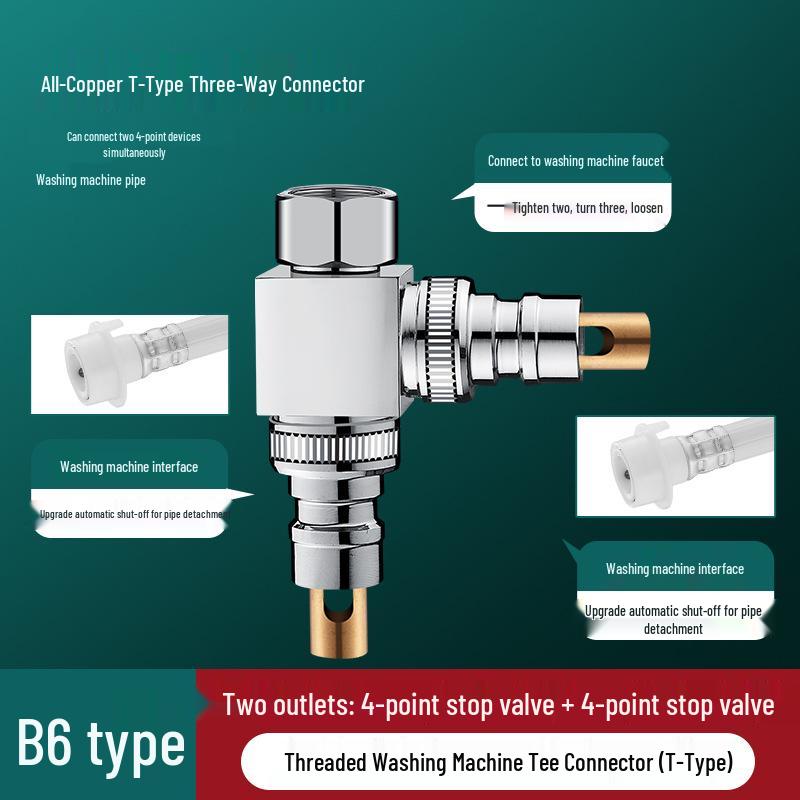 Washing Machine Water Inlet Splitter: Two-Way Copper Connector with Automatic Shut-Off Valve