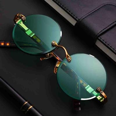 Gafas de sol clásicas sin montura de moda para mujer y hombre, con cristales verde oscuro, gafas de sol redondas retro, gafas para conducir al aire libre.