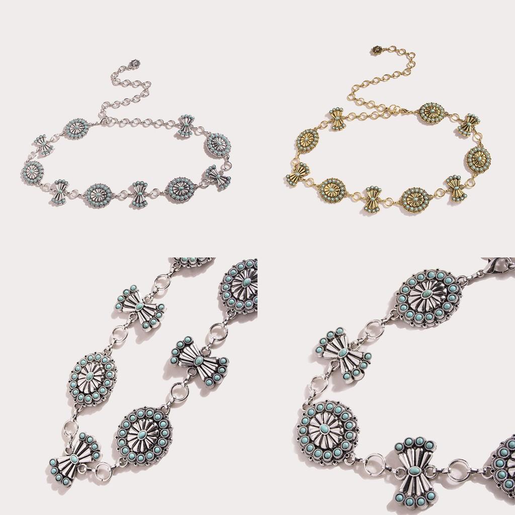 Classic Geometric Turquoise Metal Waist Chain Accessory With Design Carving
