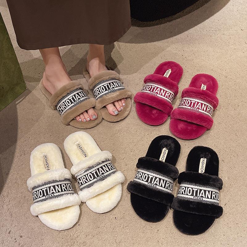 Size 35-42 Women's Slippers for Wearing Outside Flat Slippers Women's Autumn and Winter Letter Suede One Foot Cotton Slippers