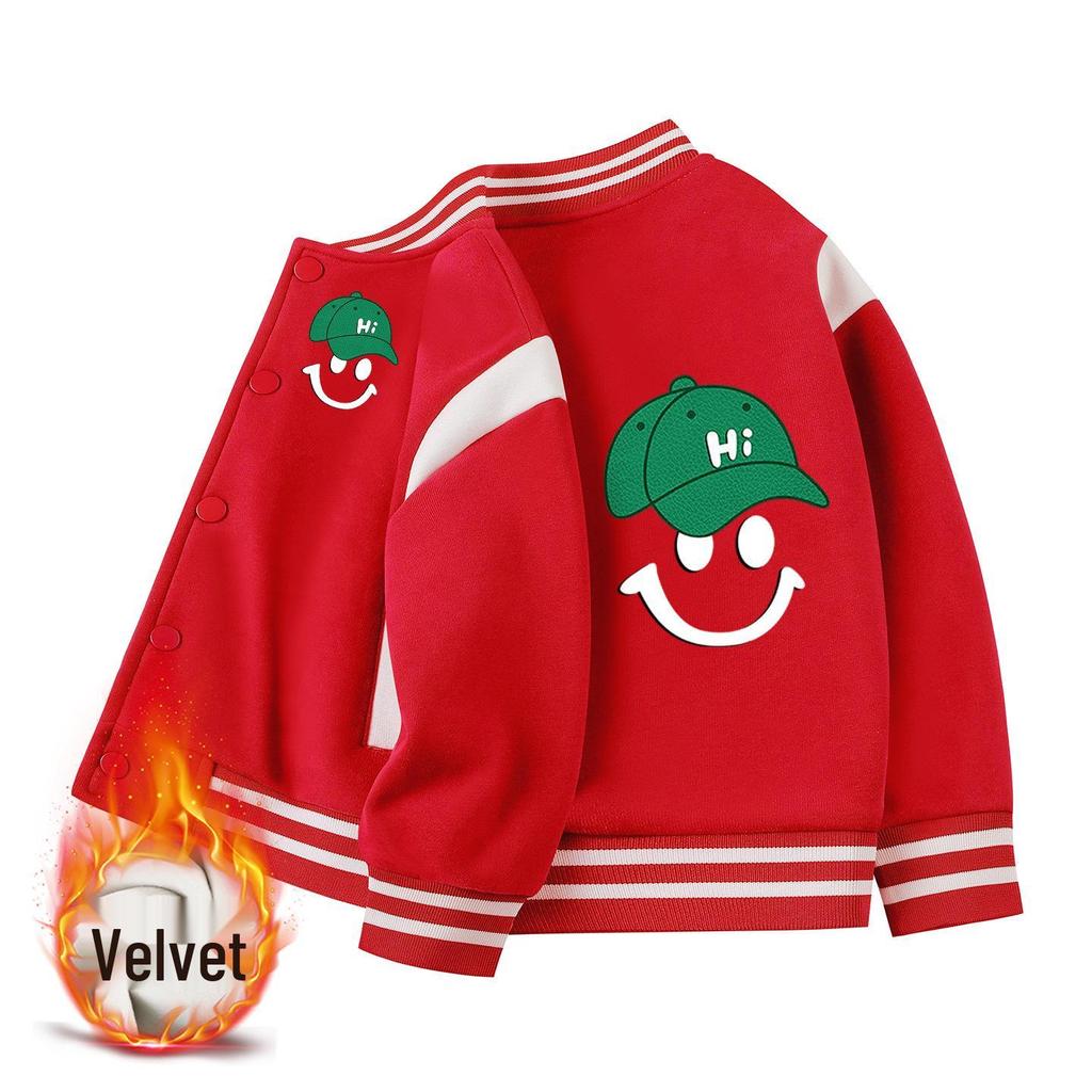 2026 Boys' Korean Style Velvet Baseball Jacket - Autumn/Winter Casual Top