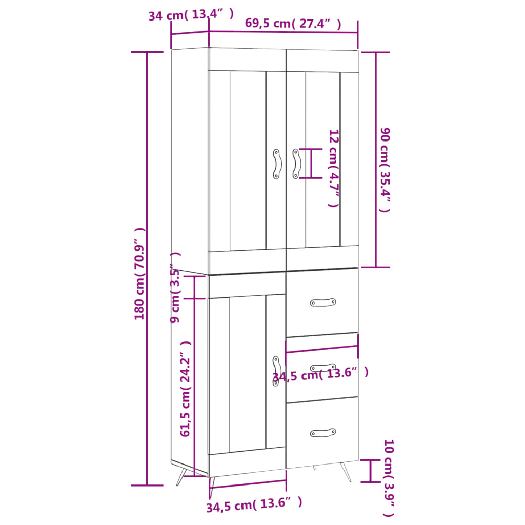 Highboard Gray Sonoma 69.5 x 34 x 180 cm Particleboard