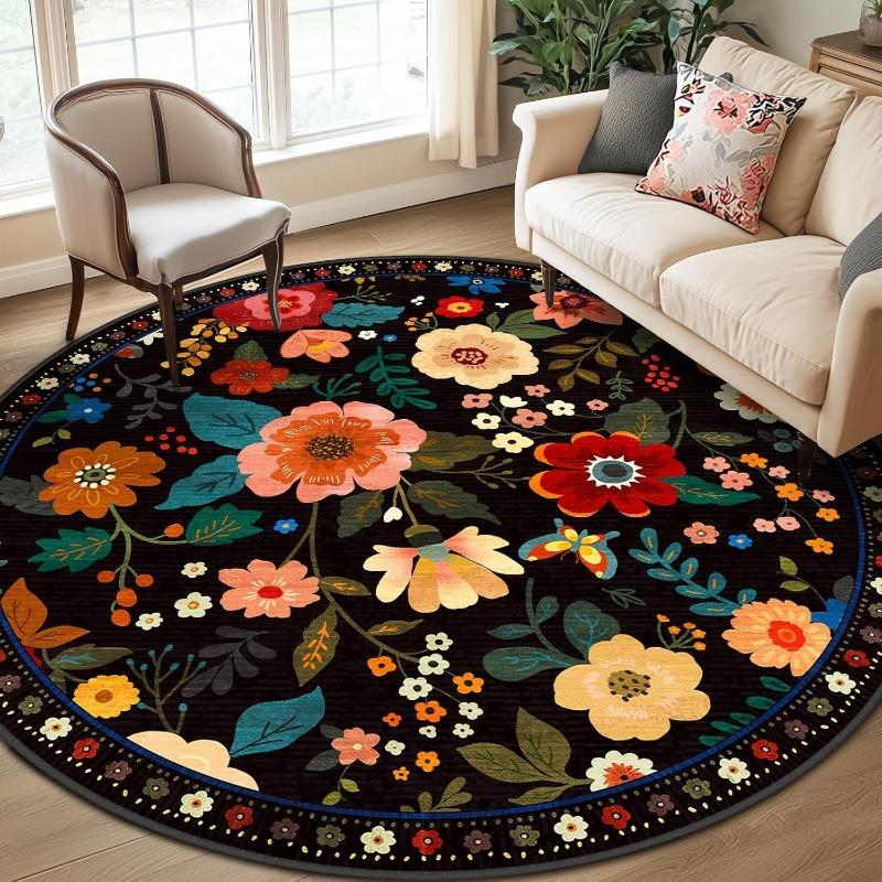 Boho Floral Black Round Area Rug Colorful Folk Art Flower Butterfly Circle Rug for Living Room Bedroom Hallway Decor