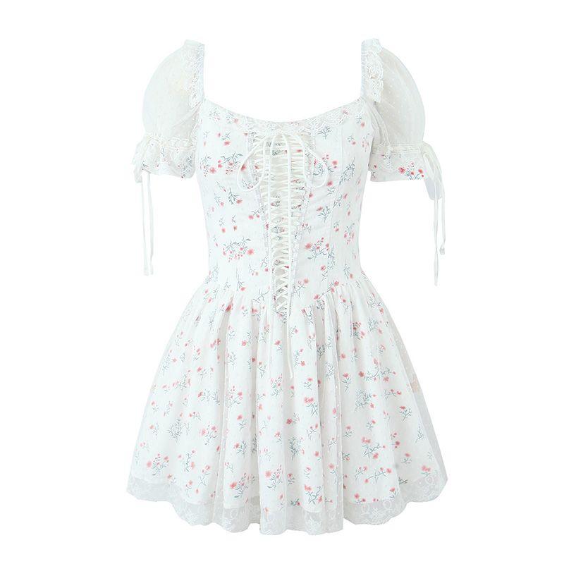 

Girlish Style Explosion First Date Sweet Girl Cute Heavy Industry Bandage Floral Lace Patchwork Mesh Puff Sleeve Dress Strap Floral Dress L
