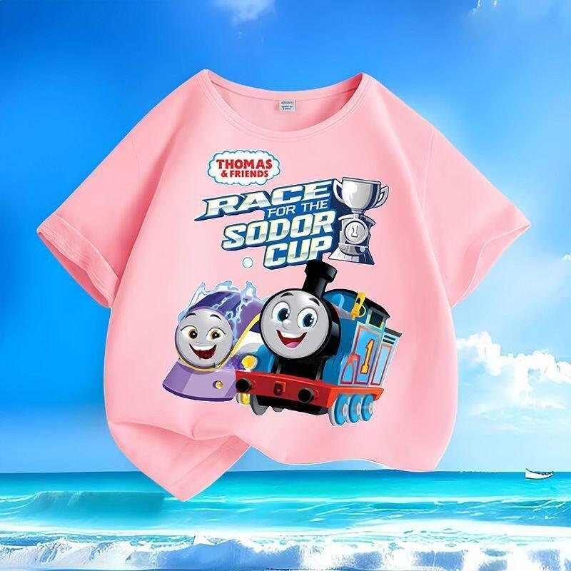 Thomas the Train Cartoon Summer New Style Boys and Girls Small Children Short-Sleeved T-Shirt 100% Cotton Round Collar Loose Top