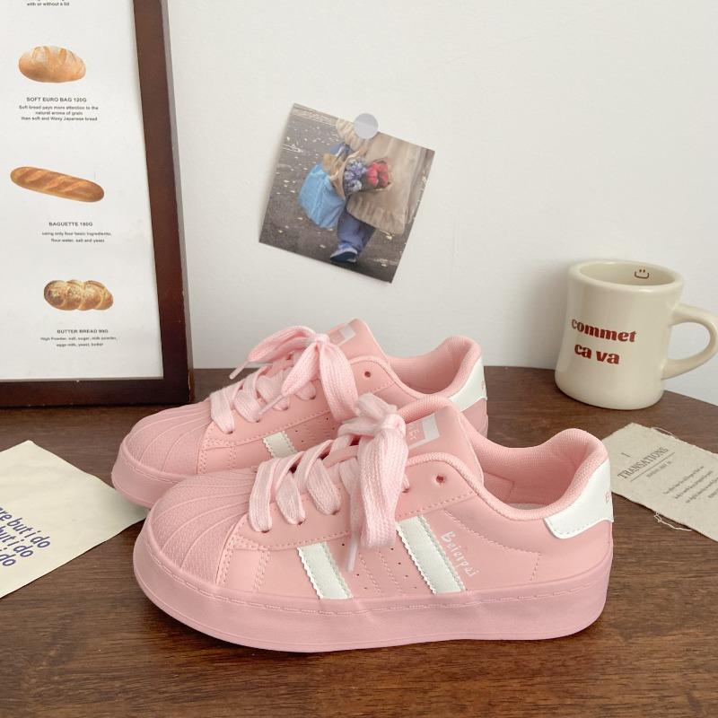 Pink thick baseplate shoes female shell head autumn niche low-top versatile sports little white shoes retro style