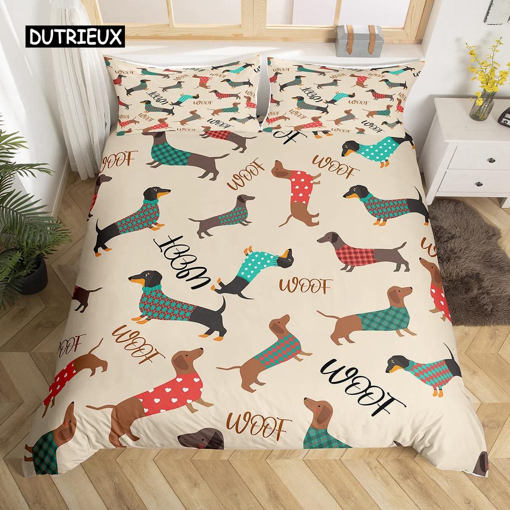 Cartoon Dachshund Bedding Set Cute Sausage Dog Duvet Cover Set Pet Puppy Printed Comforter Cover Animal Polyester Quilt Cover