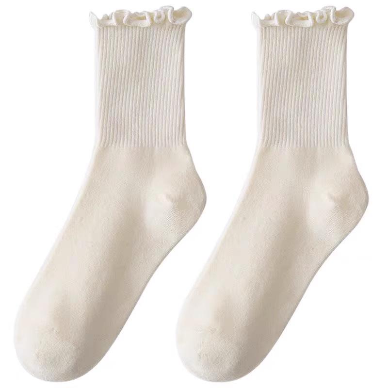 Women's Korean Style Lace Tube Socks, Perfect for Spring and Autumn. Trendy Japanese Inspired Long Socks with Wood Ear Edge.
