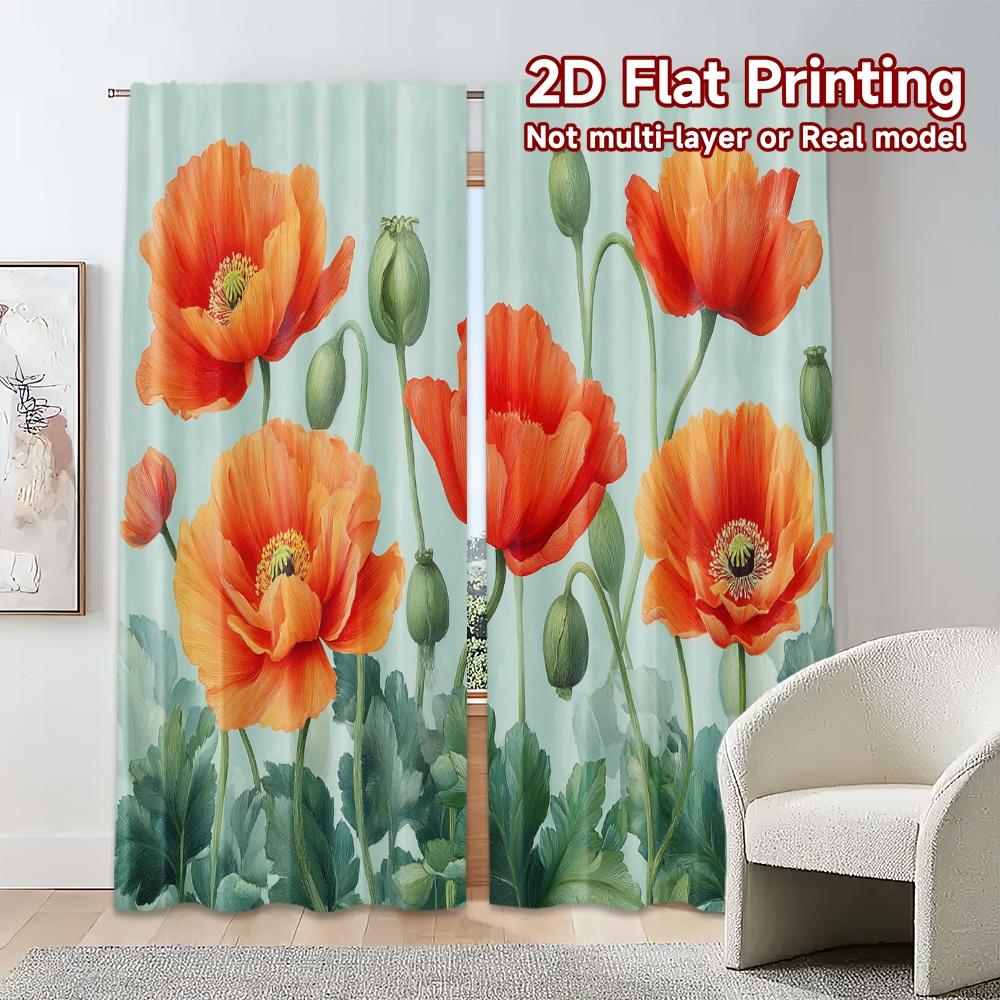 Flat Printing Curtains Without Rod Floral Poppy Design Fashionable Curtainments During Ramadan Holiday Curtain Set Of 2 Modern Made Polyester Washable