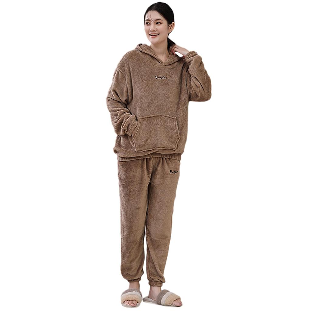Guooryvner Langarm Locker Logo Stilvoll Flanell Oberteil und Hose Uni Perfekt für Herbst und Winter Loungewear Damen Fleecegefütterter Schlafanzug, Passform,