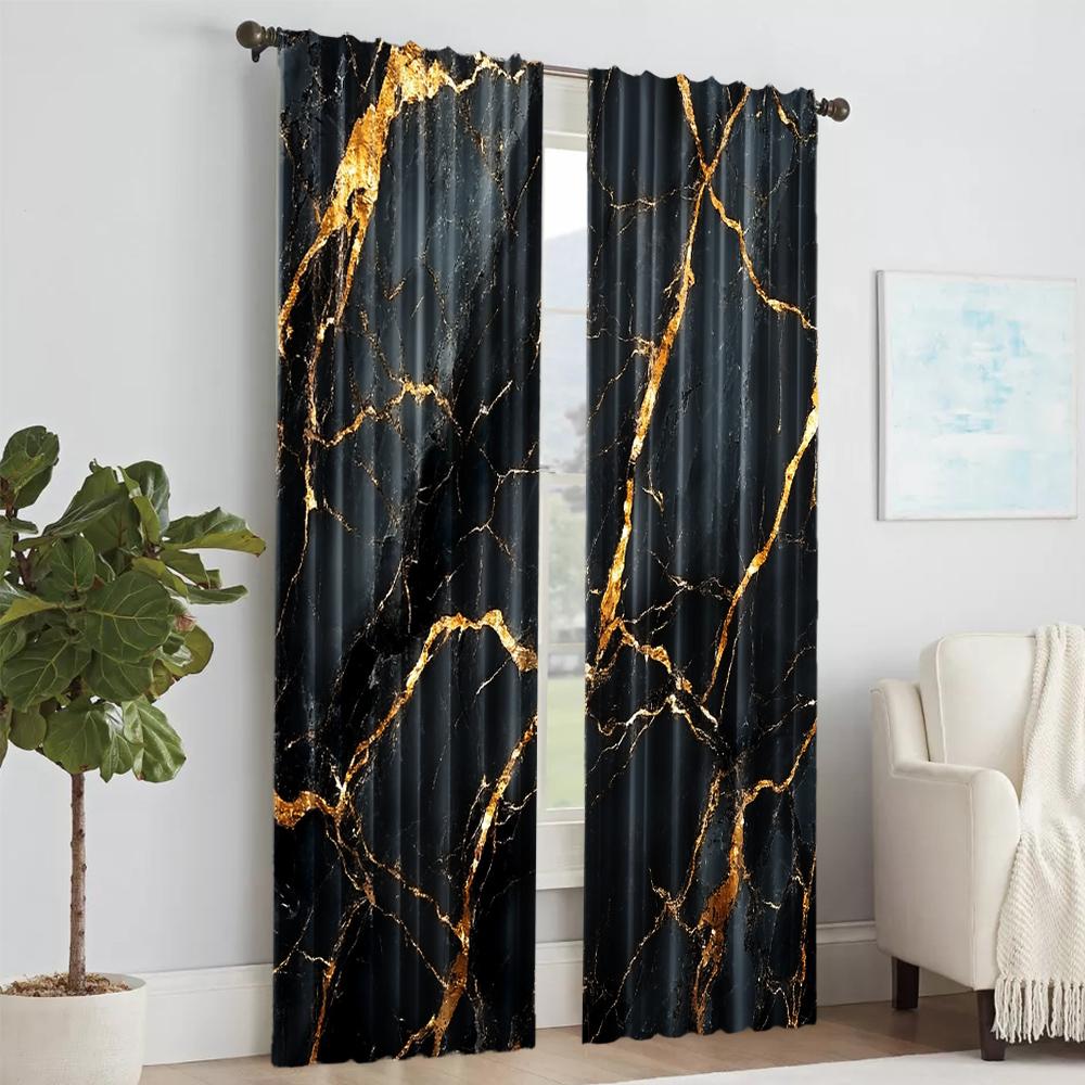 2 Pcs, Versatile Polyester Transparent Curtains for Home Decoration Black Marble Print for Use In Bedrooms and Living Rooms