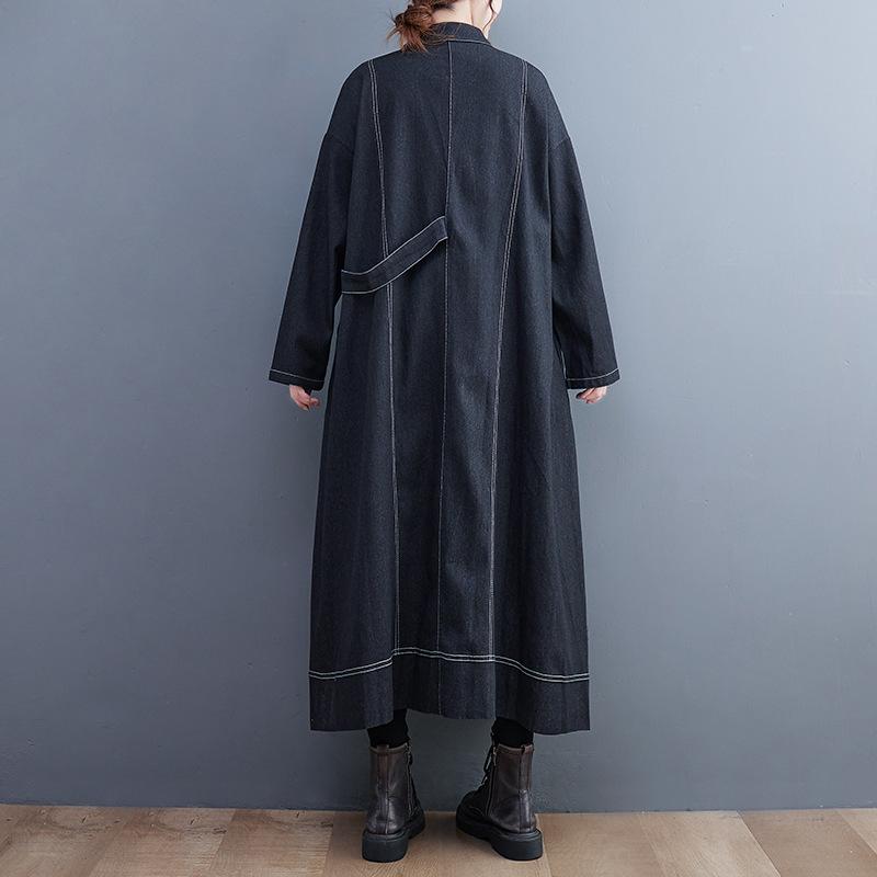 Women's Long Sleeve Denim Coat Turn Down Collar Vintage Loose Fit Trench Coat