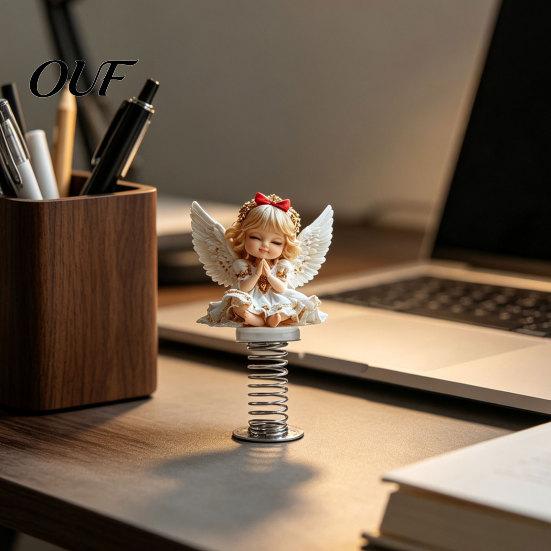 Angel Elf Car Ornaments Girl Spring Ornament, 2D Double Sided Acrylic Dashboard Bouncing Praying Decor with Adhesive Base, Cute Figurine for