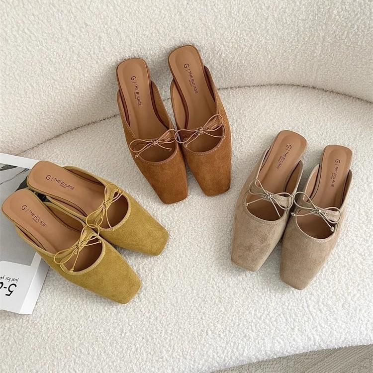 Flat Bow Mary Jane Sandals 2025 Spring/summer New Korean Version Soft Sole Velvet Toe Half Slippers for Women To Wear