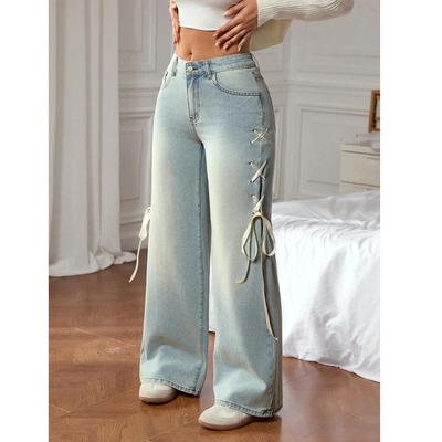 Plus Size Women's Washed Stretch Denim Jeans with Side Ribbon Tie
