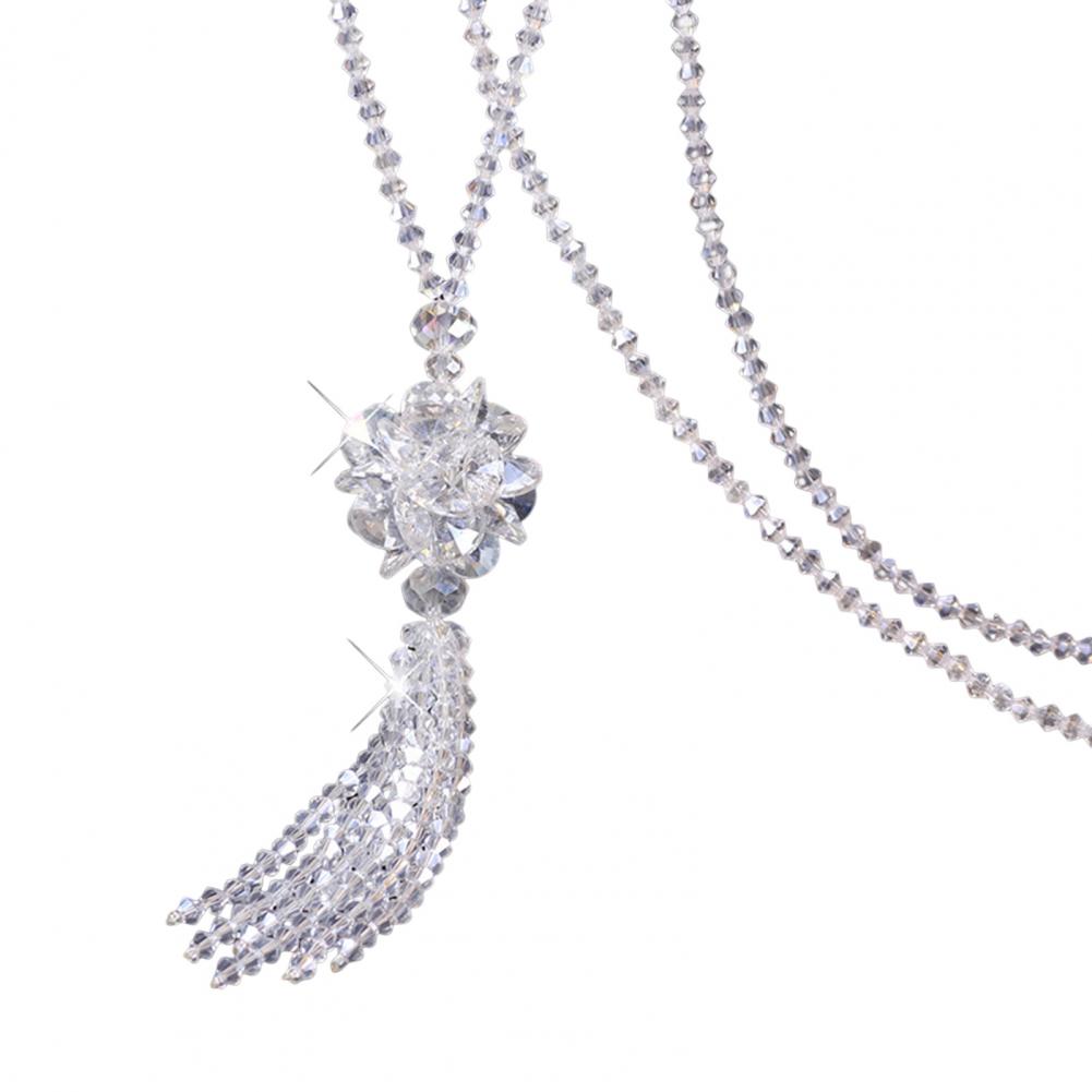 1116 Faux Crystal Necklace Knotted Beaded Long Tassel Shiny All Match Women Long Pendant Sweater Necklace Pendant Necklaces