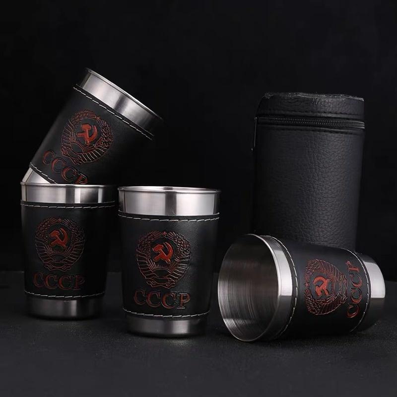 4pcs/set Vodka Cup 304 PU Holster Russia Stainless Steel Mini Wine Tumbler Portable Personalized 30ml/75ml/170ml Shot Glass Set