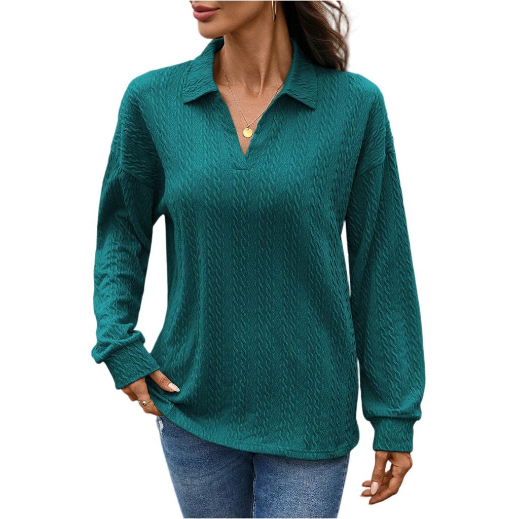 Damenmode Lässig Einfarbig Revers Locker Langarm T-Shirt Top