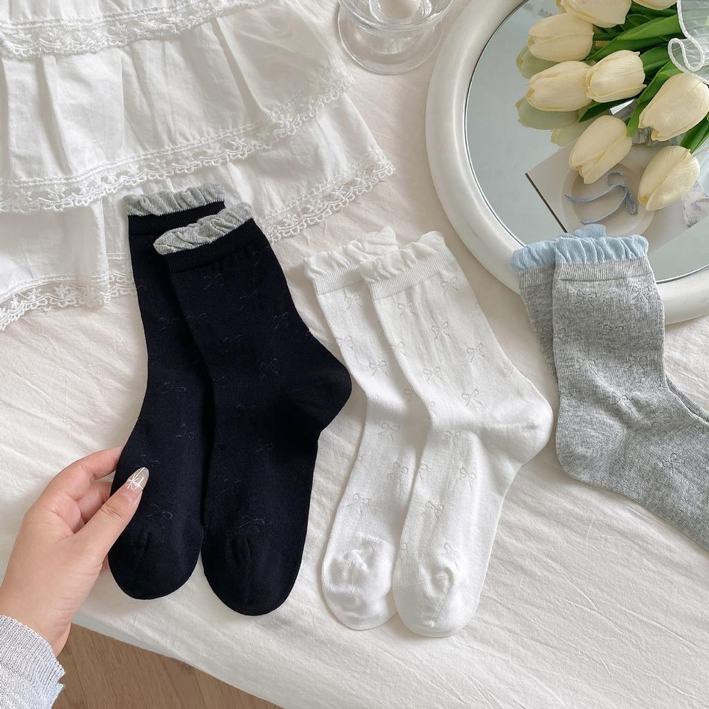 Wind White Bow Bubble Pile Socks Summer Mesh Thin Socks Boneless Lace Anti-Pilling