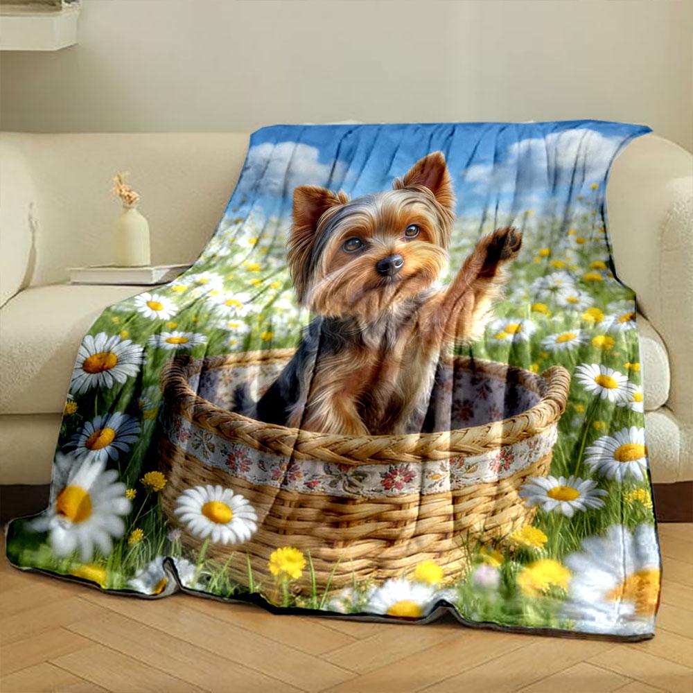 6 Styles Yorkshire Terriers and Flowers in A Basket Print Blanket Home Travel Camping for Adults and Kids Luxury Gifts